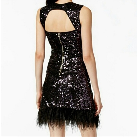 GUESS black sequin dress with sweetheart cut and feathers Keyhole Back Size 4 - Picture 1 of 10